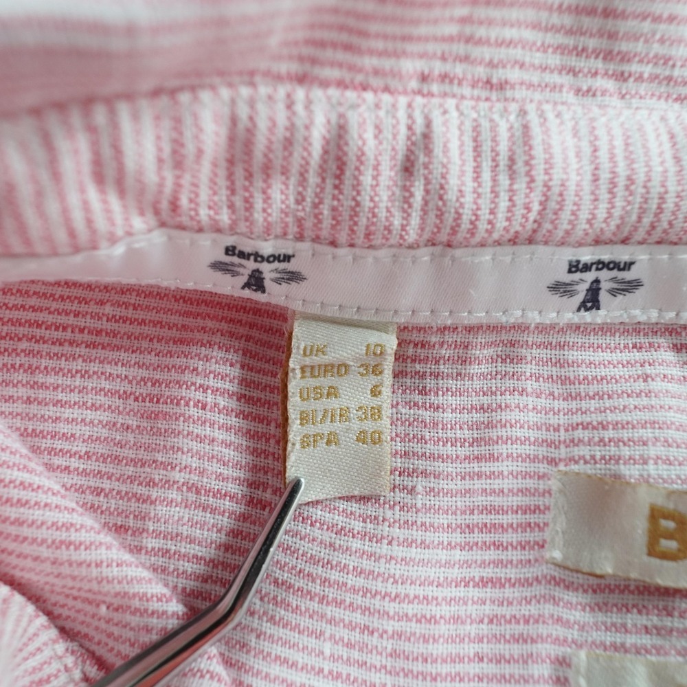 Barbour Linen Button Up Shirt Womens 6 Pink Collared Roll Tab Striped Casual - Picture 11 of 16